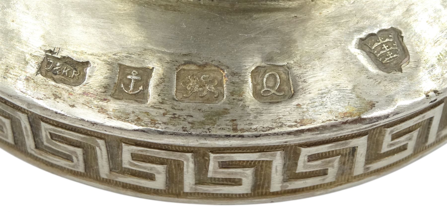 Modern Guild of Hull Silversmiths silver ewer, of tapering cylindrical form with waisted neck and C handle, upon a circular foot with key fret border, hallmarked J & K R, Birmingham 1990, also marked with the three crowns mark of the Guild of Hull Silversmiths, H20cm, approximate weight 7.16 ozt (223 grams)

Abraham Barachin was the last Hull silversmith to use the Hull mark of three ducal coronets in around 1706. 
However in 1983 the Assay Offices of Great Britain and the City of Kingston upon Hull granted the Guild of Hull Silversmiths permission to use the City's Coat of Arms as an additional mark on pieces they produced. 