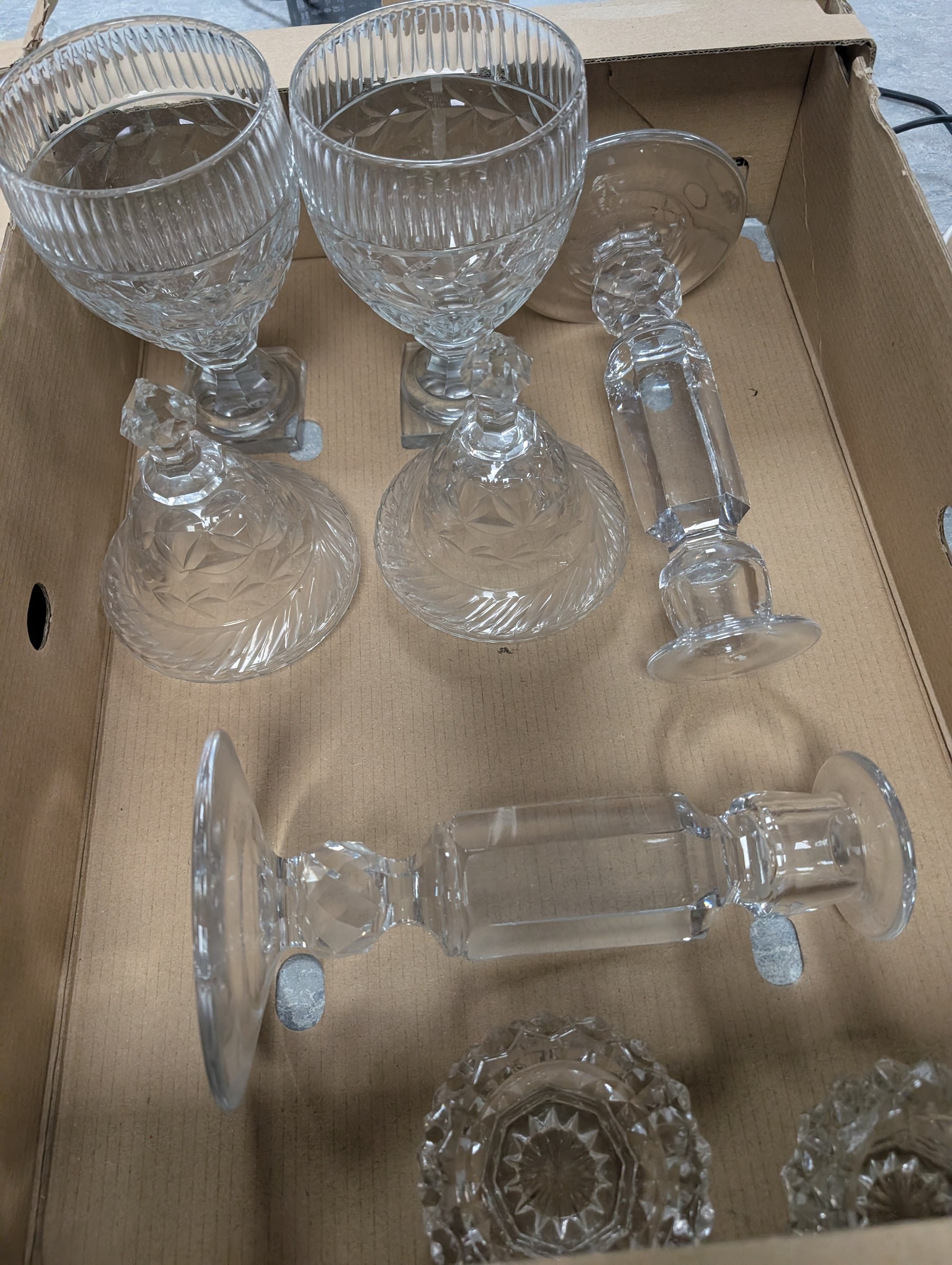 Royal Doulton Carlyle dinner wares, heavy glass candlesticks, punch bowl and lidded jars and other ceramics and glassware, in five boxes