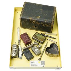 Silver bladed and mother of pearl butter knife, silver vesta case, 19th century papier mac...