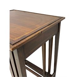 Edwardian mahogany wall hanging corner display cabinet, projecting dentil cornice over astragal glazed door (W56cm, H93cm), and an Edwardian mahogany nest of three tables (46cm x 36cm, H60cm)