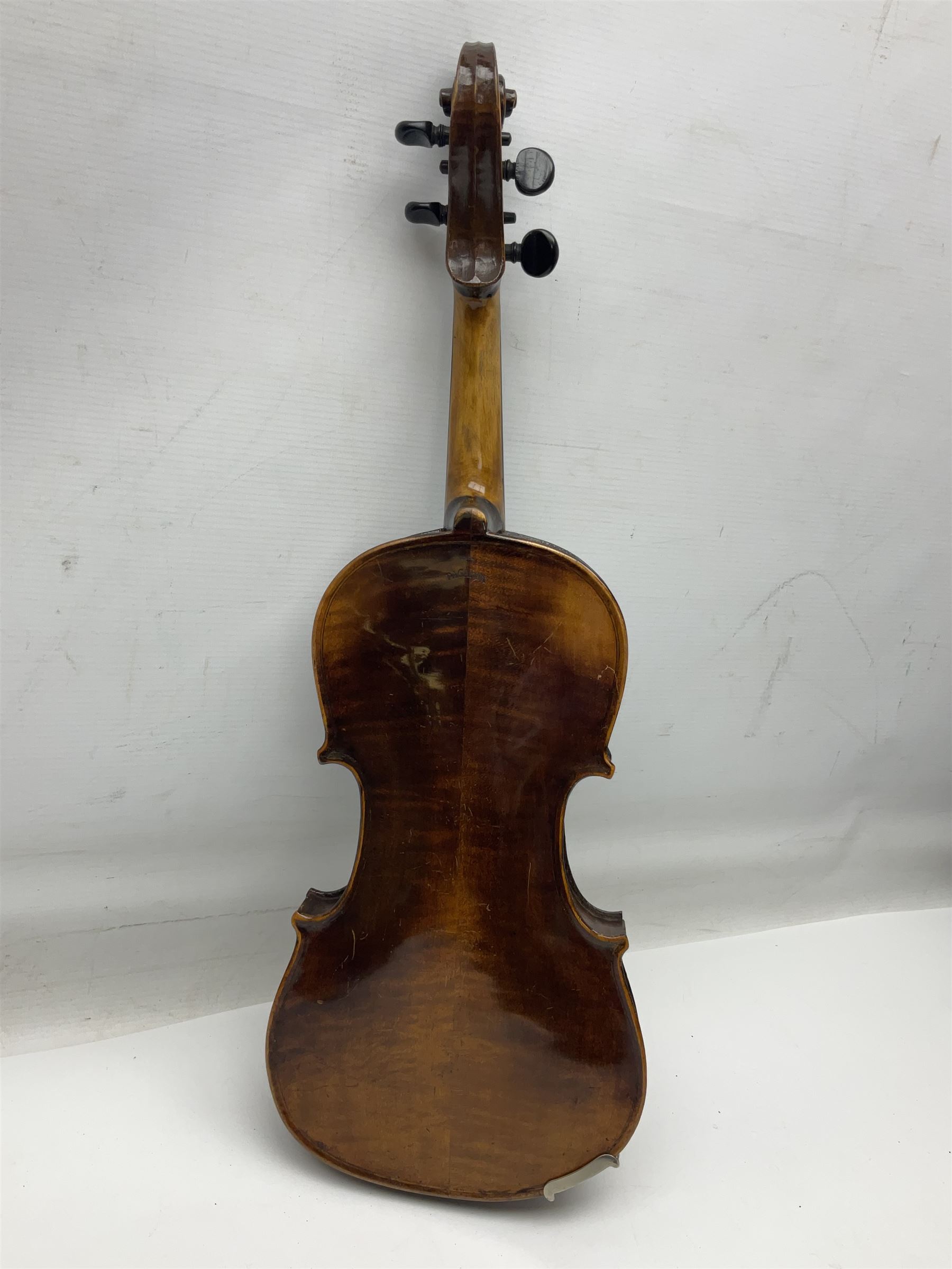 German trade violin c1900 stamped PAGANINI with 35.5cm two-piece maple back and ribs and spruce top L58.5cm overall; in carrying case; and another German trade violin for spares or repair; in carrying case (2)