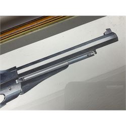 Unmarked Spencer & Rogers type Remington style .44 cal. six-shot percussion revolver, 20cm octagonal barrel with loading lever under, brass trigger guard and two-piece wooden grip L37cm overall; together with a framed watercolour by Alan J. Gray dated 2009 entitled 'The Remington .44 Calibre 1861 Navy Revolver'  19 x 42cm (2)