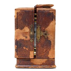 French- Edwardian miniature brass 8-day timepiece carriage clock with cloisonné panels to both base and cornice and paste gems to the front columns, decorative porcelain dial with a floral swag, blue Arabic numerals, minute track and pieced steel hands, square viewing glass to the top with a silvered lever escapement, with original leather bound traveling case.