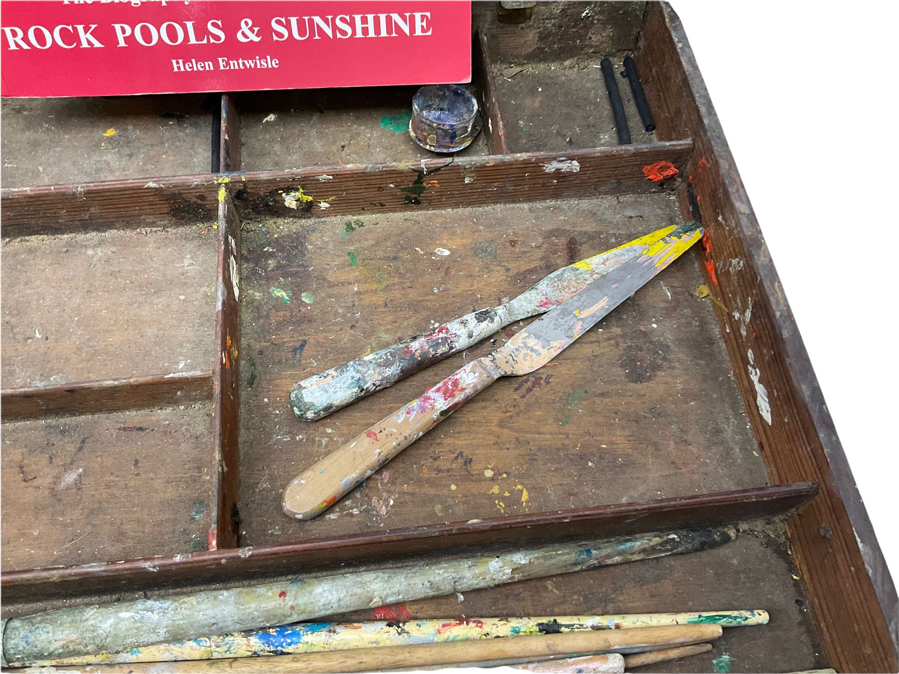 Dorothea Sharp ROI RBA (1874-1955): 20th century mahogany artist's box from Sharp's London studio, including contents: brushes and pallet knives, together with a studio palette, The Biography of Dorothea Sharp, Rock Pools & Sunshine by Helen Entwisle, and copies of two letters relating to the acquisition of the artist's box.

Provenance: Acquired alongside the purchase of other items from Sharp's Studio from Mr & Mrs Mills by Biographer Helen Entwisle in 1994). Later purchased by the current vendor along with other items from Entwisle who currently lives in Knaresborough. (Part sold at Lanes in Cornwall). 

