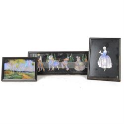 Three 20th century butterfly wing pictures, comprising a landscape, Courting couples on th...