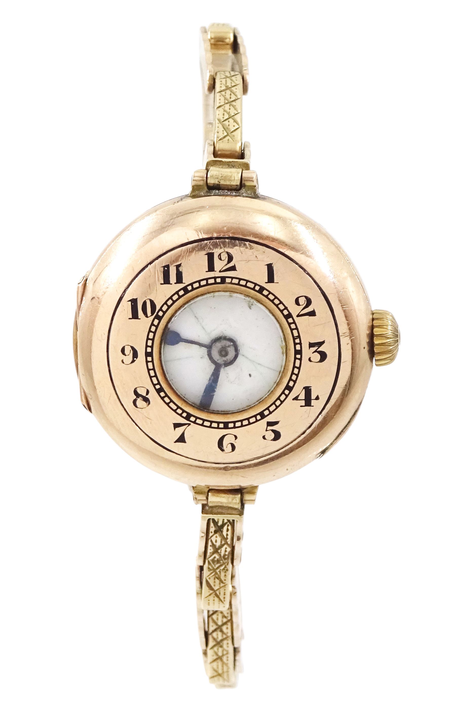 Rolex early 20th century ladies 9ct rose gold manual wind half hunter wristwatch, white enamel dial with Arabic hour markers, London import marks 1916, the back case engraved 'Vera', on later expanding bracelet, Birmingham 1960