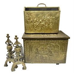 Pair of brass and iron fire dogs, together with brass coal box embossed to the lid with figures and a brass magazine rack, coal box H32cm