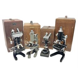 Four microscopes, including Cooke, Troughton & Simms no M467926, W Watson & Sons no 114758, W & J George & Beck Ltd no 36649 and one other 