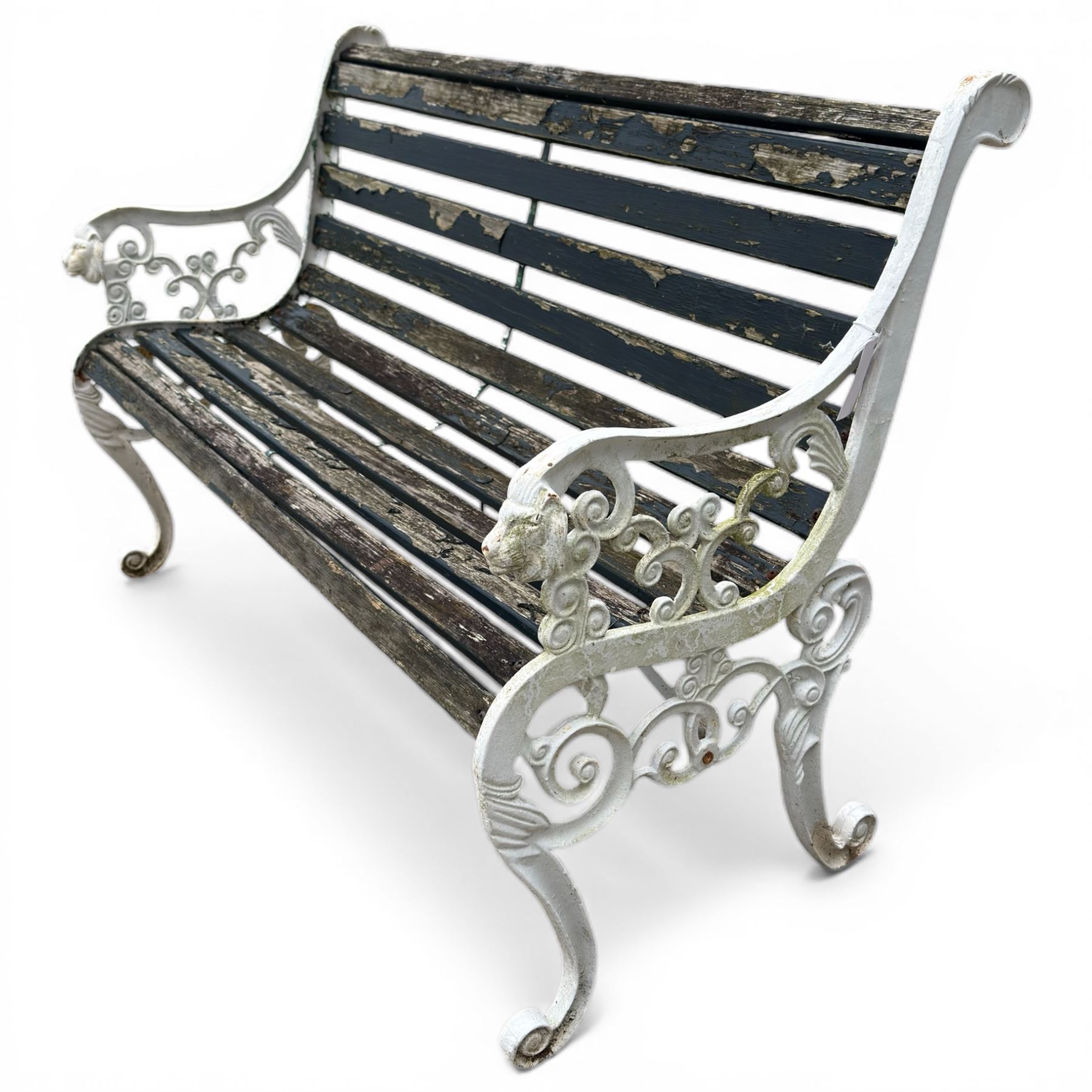 White painted cast iron slatted garden bench with 110cm wide rectangular coffee table