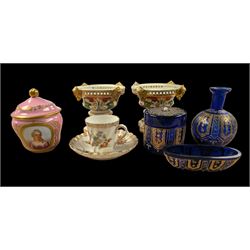 Two Royal Crown Derby pot pourri, Dresden teacup and saucer, three blue glass dressing table items, etc 