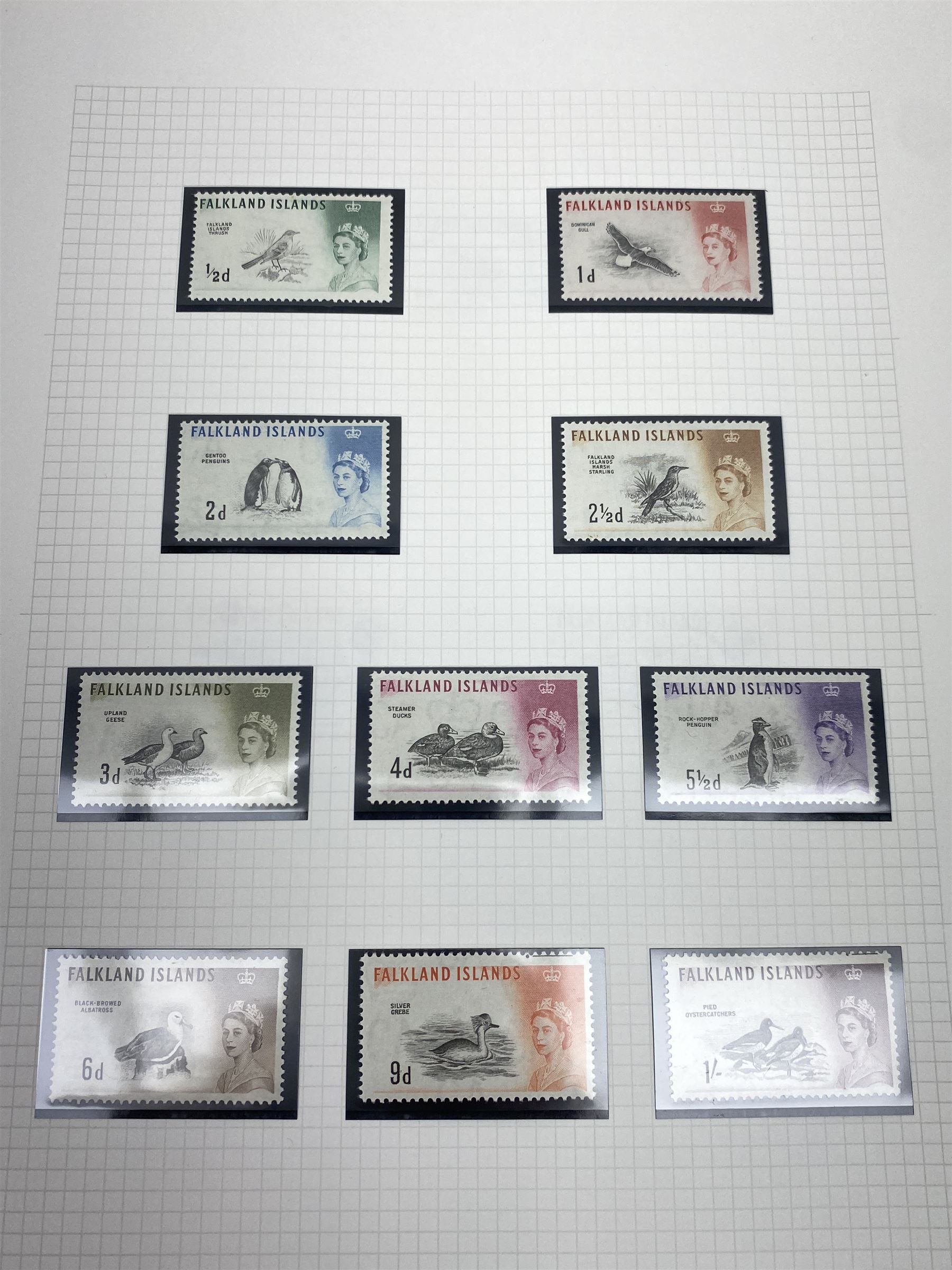 Falkland Islands, King Edward VII and later stamps, including 1904-12 values to one shilling unused, King George V 1912-20 values to five shillings unused etc, housed on pages