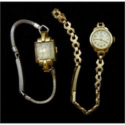 Tudor 9ct gold ladies manual wind wristwatch, Birmingham 1951, on gilt strap and a Trebex 9ct gold wristwatch, on 9ct gold strap, hallmarked
