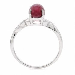 9ct white gold star ruby ring, single cabochon cut ruby, with crossover diamond chip shoulders, hallmarked