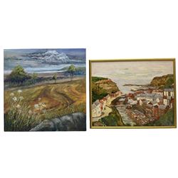 A E Hall (British Contemporary): 'Fylingthorpe - Yorkshire', acrylic on canvas signed, titled verso 50cm x 50cm; together with and a painting of Staithes (2) (one unframed)