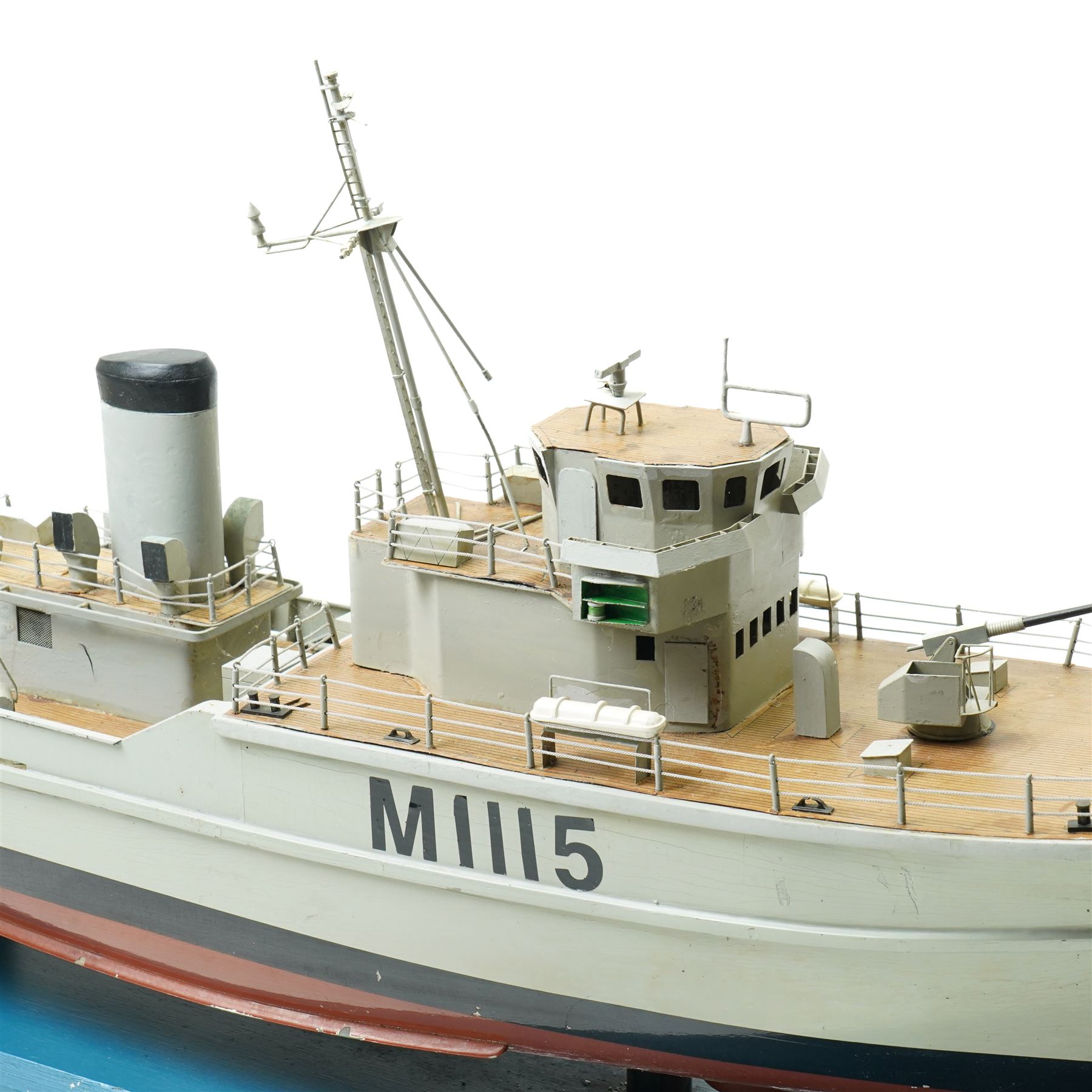 Scale built wooden model of the minesweeper HMS Bronington M1115 on wooden base, under the command of HRH Prince Charles in 1976 L104cm with booklet and drawings