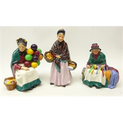  Three Royal Doulton figures, 'Silks and Ribbons' HN 2017, 'The Old Balloon Seller' and 'The Orange Lady' HN 1759, H20.5cm (3)  