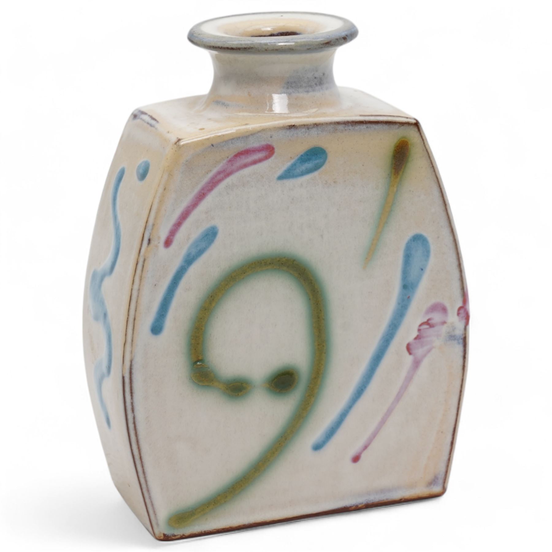 Philip Leach (British 1947-) for Springfield Pottery slab vase, of squat form, the white ground decorated with geometric pink, blue and green sprays, impressed mark to base H14cm 