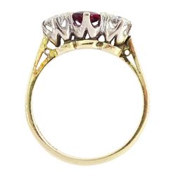18ct gold three stone oval cut ruby and round brilliant cut diamond ring, London 1979, ruby approx 0.50 carat, total diamond weight approx 0.45 carat