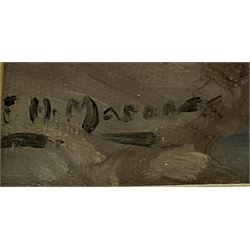 Frank Henry Mason (Staithes Group 1875-1965): Mending Boats on Scheveningen Beach, oil on canvas signed 22cm x 44cm 