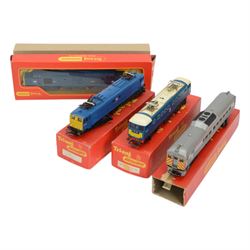 Four Triang '00' gauge diesel/electric locomotives, comprising Triang Electra 'Pandora' no. 27006, Triang R753 BR Electric Blue E3001 twin pantograph, Triang R352 Budd Rail Diesel Transcontinental Car and R751 Co-Co Type 3 Diesel locomotive, two with original boxes, two with non-original Triang boxes