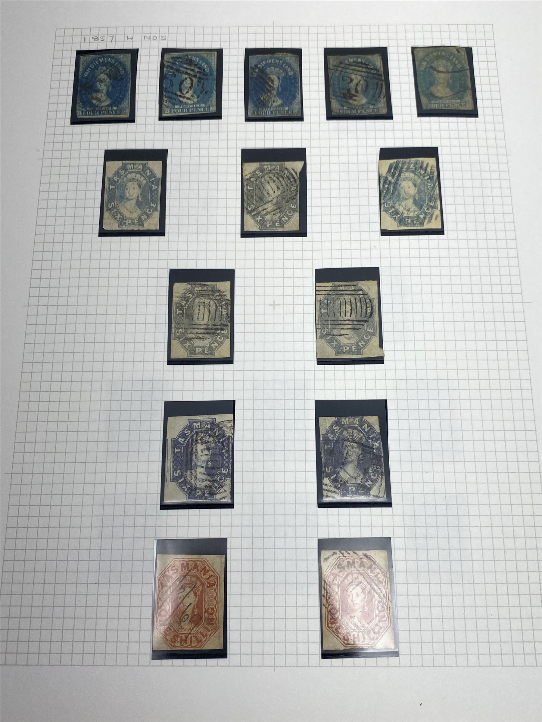 Van Diemen's Land (Tasmania) Queen Victoria and later stamps, including 1853-4 one penny and four penny stamps, 1855 two pence and four pence, 1856 one penny, 1857 various values, 1864-80 various perf issues etc, housed on pages