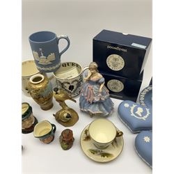 Portmeirion glass bowl,  Wedgwood jasper ware trinket boxes and other items, Wedgwood 'The Imperial Banquet' figure, small Royal Doulton and other character jugs etc, in one box