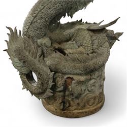 Verdigris hand finished cast brass Chinese Dragon garden centre-piece fountain, scaled dragon with gaping jaw holding an orb, curled tail on wave cast base