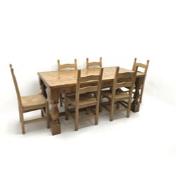 Solid pine rectangular dining table, baluster supports joined by stretchers (W182cm, H79cm, D92cm) and set six beech ladder back chairs, rush seat, square supports (W47cm)