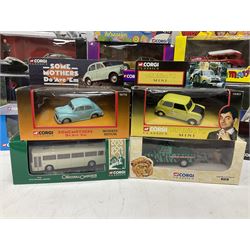 Corgi - sixteen TV/Film related die-cast models including Fawlty Towers, Bullitt, Beatles, Buster, Mr. Bean, Some Mothers,  Monkees, Ballykissangel, Heartbeat, The Avengers, Smokey & The Bandit etc; all boxed (16)