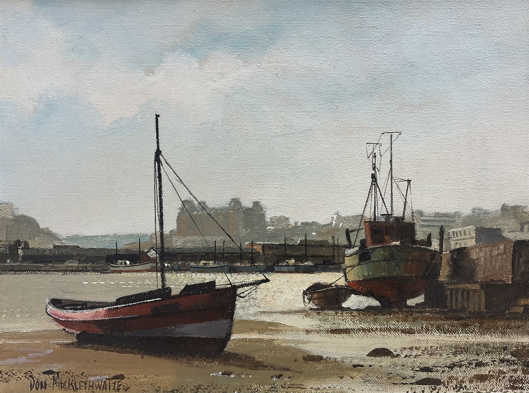 Don Micklethwaite (British 1936-): Scarborough Harbour at Low Tide, oil on canvas board signed 22cm x 29cm 