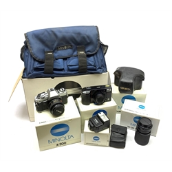 Minolta camera equipment - Minolta X-300 camera body with MD 50mm 1:1.7 lens, Minolta CH-2 camera case, Minolta PB-12 camera bag, Minolta MD zoom 35-135mm 1:3.5-4.5 zoom lens, Minolta AFT 35mm tele camera and Minolta auto electroflash 118X, all in original boxes