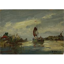 Frank Henry Mason (Staithes Group 1875-1965): Dutch Sailing Barge, oil on panel signed with initials 13cm x 18cm (unframed)
Provenance: from the estate of Christine Dexter and by descent from the artist's sister Eleanor Marie (Nellie)