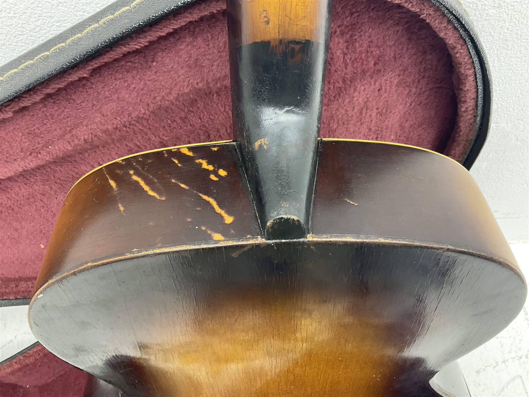 1950s Framus arch top acoustic guitar with sunburst finish and Framus logo to top, No.1937 L104cm; in hard carry case.