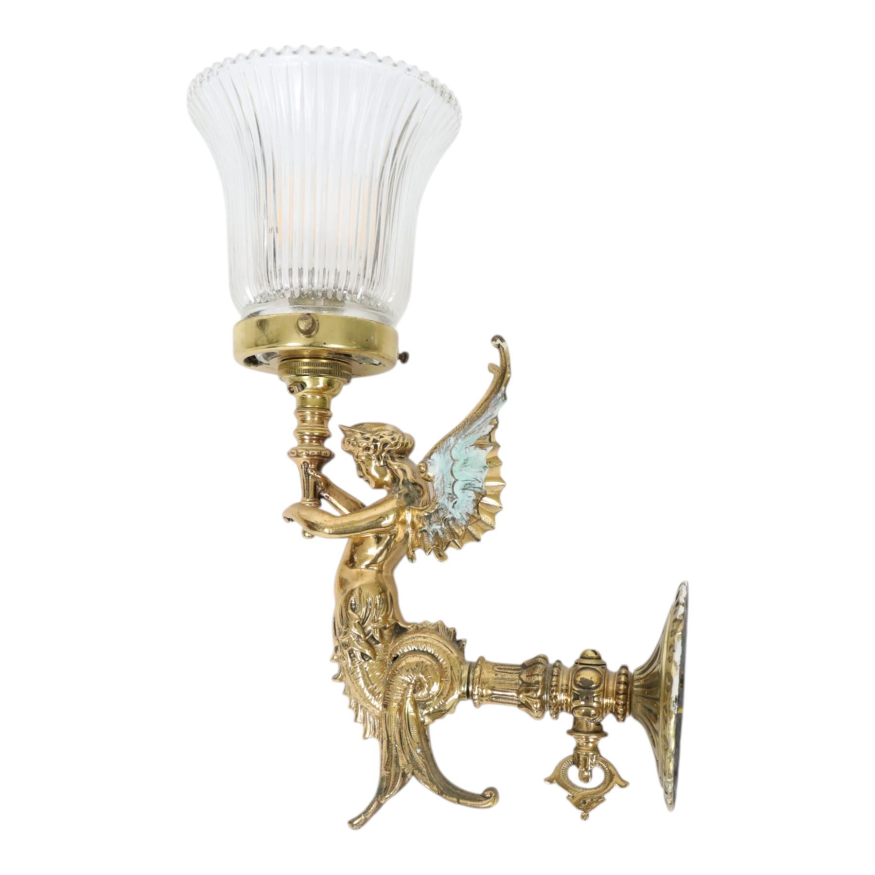 Pair of Victorian style wall sconces, each modelled as a caryatid supporting a single light fitting in one raised arm, with tapering and fluted clear glass shade, approximately H31cm D21cm
