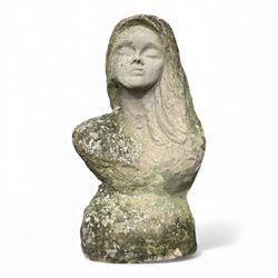 Two large cast stone figures with small lion and face stone pieces