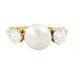 Early 20th century 15ct gold pearl and diamond three stone ring, single grey pearl with an...
