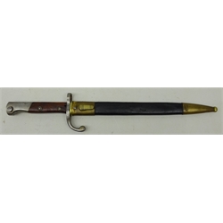  European Bayonet, 30cm part fullered single edge blade stamped B on spine, quillion stamped 1672, part wooden grip, in brass mounted leather scabbard, L45cm   