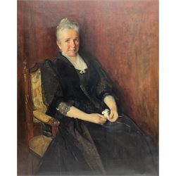 William Ewart Lockhart RSA (Scottish 1846-1900): Portrait of Mary Polson (1832-1911), oil on canvas signed and indistinctly dated 126cm x 101cm 

Notes: Mary was the wife of John Polson, of Paisley and Castle Levan, who discovered and patented a method for producing corn flour, transforming the fortunes of his father’s muslin manufacturing plant in Paisley. William Ewart Lockhart was a family friend of the Polsons, and painted John Polson’s portrait in 1893. In 1887, the couple's daughter, Mary Alice Polson, married Archibald Corbett, then the Liberal Unionist MP for Glasgow Tradeston. The pair purchased the Rowallan Estate in Ayrshire in 1901, donating their previous home at Rouken Glen as a public park to the citizens of Glasgow. Upon his retirement from the House of Commons in 1911, Corbett was granted the Barony of Rowallan, becoming 1st Baron Rowallan. 

Mary was made an Honorary Burgess of Paisley at the Clark Halls and was presented with a parchment and casket by a Mr MacKean on behalf of the Town Council. She also contributed funds for the erection of a nurses’ home, Paisley Infirmary, and Thomas Shanks Memorial Park in Johnstone, named after her brother, Colonel Thomas Shanks.

Lockhart studied at the Royal Scottish Academy from the age of thirteen in 1860, and by 1861 he was submitting work to its Annual Exhibition. He exhibited annually at the RSA for the remainder of his life, with the exception of 1864 when he went to Australia to improve his health, and 1889/90, when completing a royal commission celebrating the 1887 Jubilee. Lockhart is most renowned for his commissioned portraits, though he also painted scenes of Spanish life following several visits to the country.