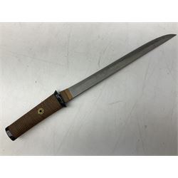 Japanese Tanto with 28.5cm steel blade and cord bound grip; in red spotted black lacquer saya containing a kogai knife with etched characters to the blade and ornate fern leaf and snake handle