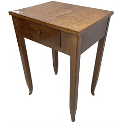 19th century Biedermeier design maple and beech side table, figured book-matched maple veneer top over single drawer, on square tapering supports terminating to pointed feet
