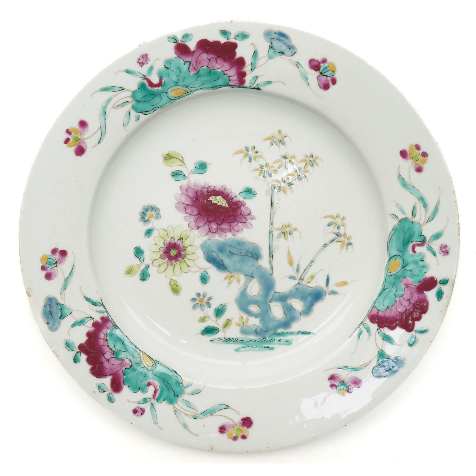 18th century Bow porcelain canted rectangular plate, painted in polychrome chinoiserie and a similarly decorated Bow plate, c1760, rectangular plate W27cm (2)