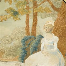 19th century oval woolwork picture of a girl in a garden landscape in verre eglomise frame 45cm x 34cm 