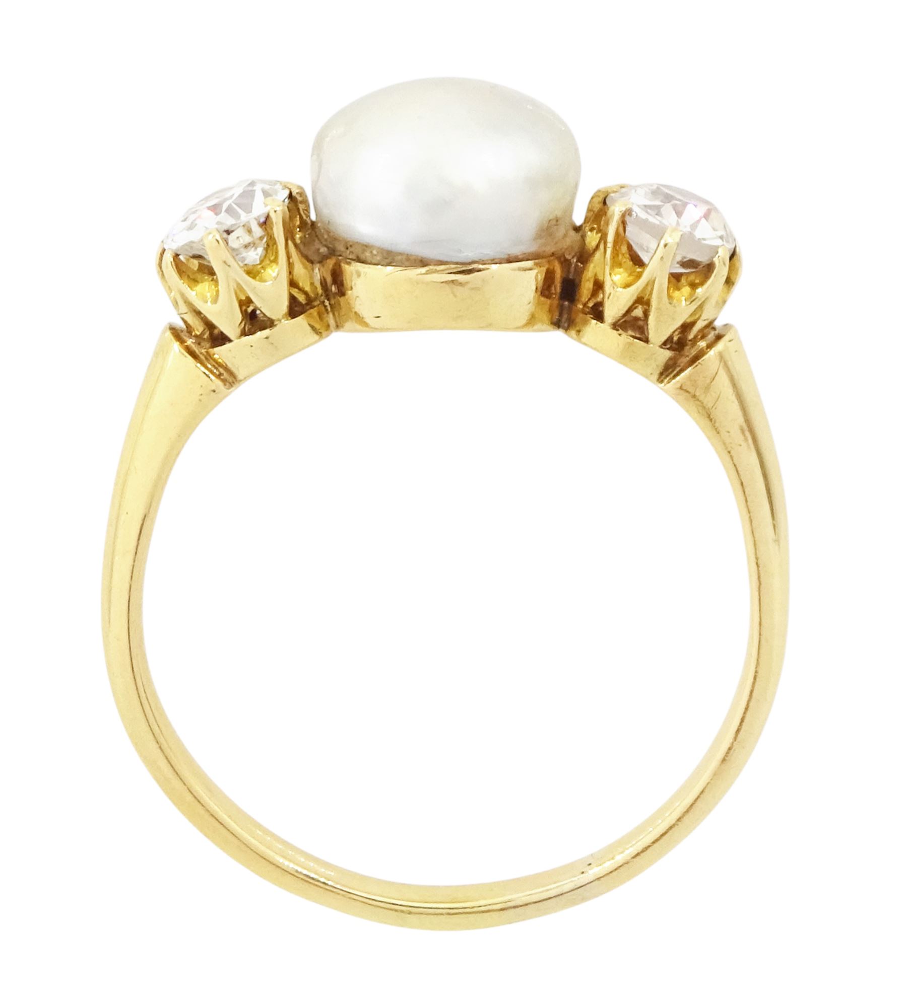 Early 20th century 15ct gold pearl and diamond three stone ring, single grey pearl with an old cut diamond set either side, total diamond weight approx 0.55 carat