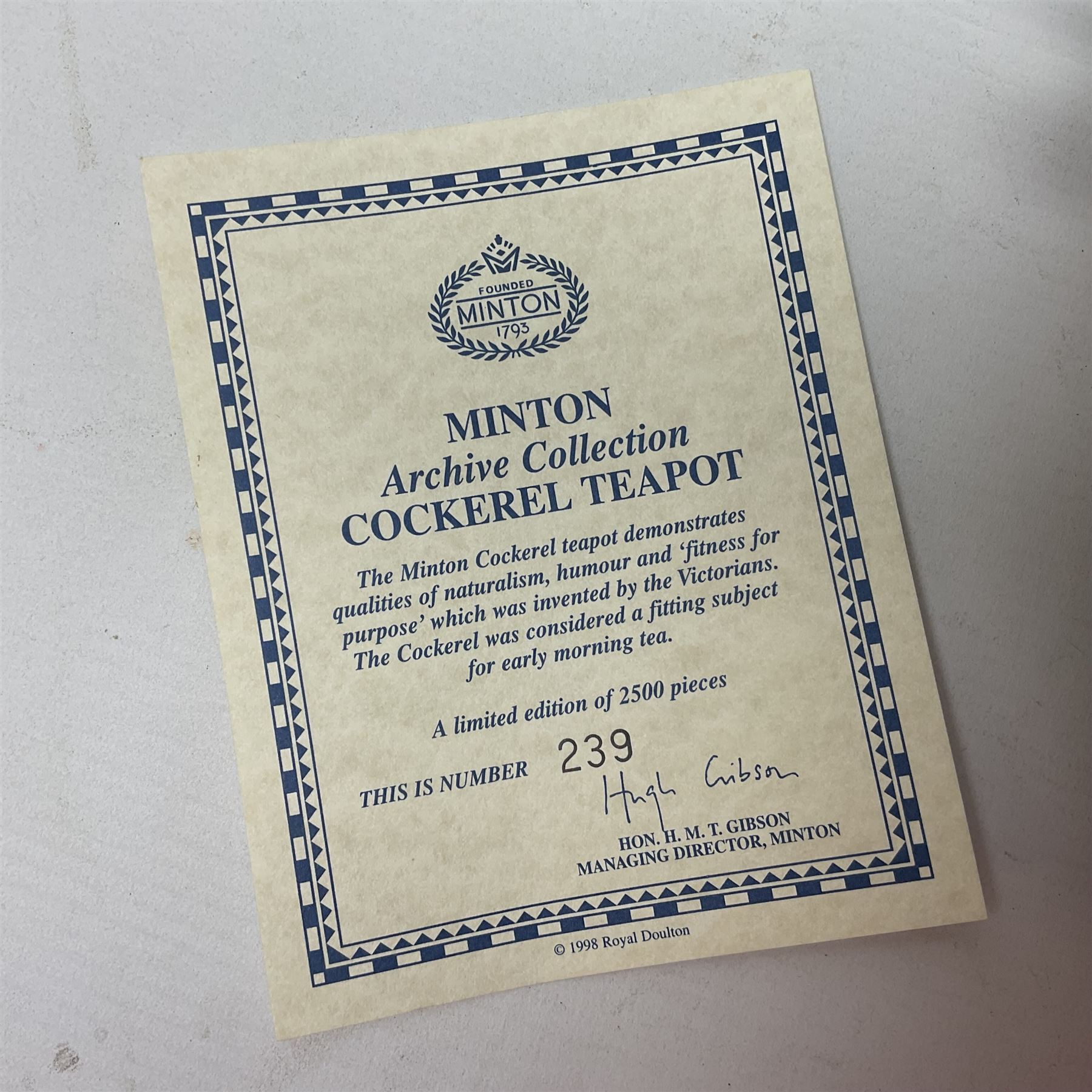 Minton Archive collection cockerel teapot, limited edition 239/2500, with certificate and original box