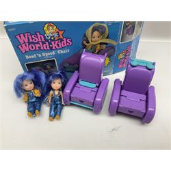 Wish World Kids - Eleven play sets comprising Treats ‘n Sweets Refrigerator, Grin ‘n Win TV, Sponge ‘n Plunge Bathtub, Socks ‘n Locks Dresser, Spice ‘n Slice Stove, Sleep ‘n Leap Bed, File ‘n Smile Desk, Blaze ‘n Braise Fireplace, Hear ‘n Cheer playset in Sponge ‘n Plunge box, two Read ‘n Speed Chair playsets in one box