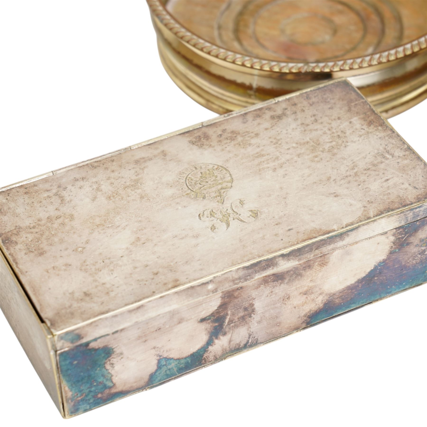 Two silver on copper bottle coasters silver plated cigarette box, silver plated hip flask; trophy bowl with inset medal; small dressing table jar 