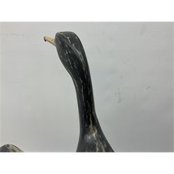 Wooden sculpture of Cormorant aquatic bird on a naturalistic wooden plinth, H46cm