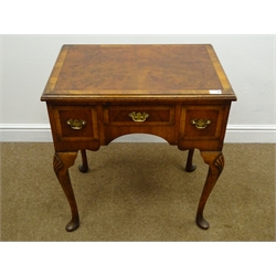  19th century cross banded figured walnut low boy, moulded top, two short drawers flanking single long drawer, shell carved cabriole legs, pad feet, W67cm, H71cm, D46cm  