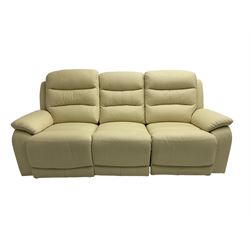 Contemporary three seat reclining sofa, upholstered in cream leather (W205cm); with matching electric reclining armchair and another fixed armchair (W100cm D95cm H105cm)