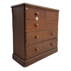Chatsworth House - 19th century Victorian stained pine chest of drawers from Chatsworth House servant's quarters, moulded rectangular top over two short and three long drawers, plinth base. Provenance: Previously lot 1065 from the 